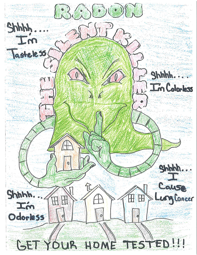 Kylie Jordan, a sixth-grader from Morrow, Georgia, won first place in Georgia's Radon Poster Contest for her poster of a sci-fi-inspired radon cloud hovering over a neighborhood.