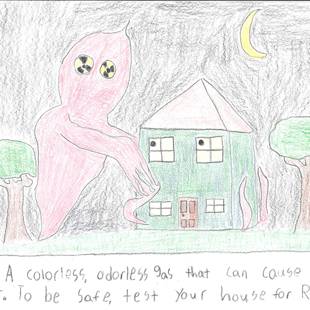 Connor Allen, a seventh-grader from Athens, Georgia, won the third-place prize in Georgia's Radon Poster Contest for a depiction of a large, ghostly radon cloud menacing a worried-looking house.