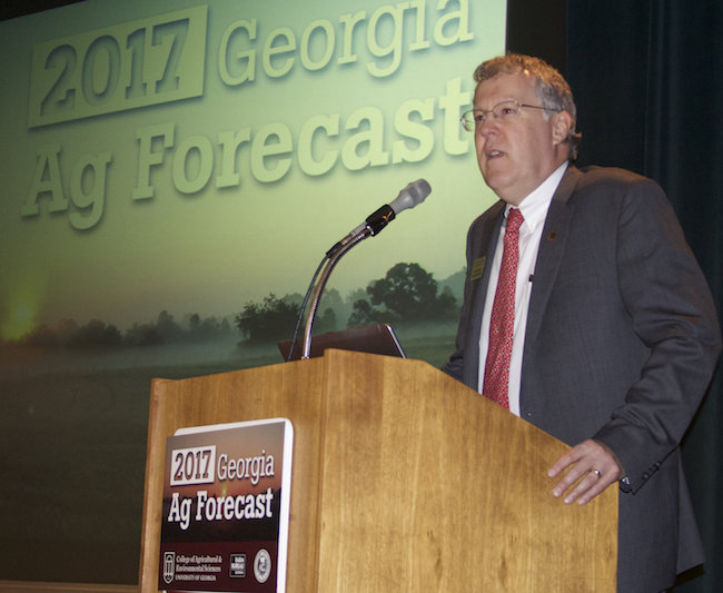 Sam Pardue welcomes guests at the Georgia Ag Forecast in Macon, Georgia, on Wednesday, Jan. 18. Pardue is dean and director of the University of Georgia College of Agricultural and Environmental Sciences.