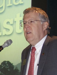 Sam Pardue welcomes guests at the Georgia Ag Forecast in Macon, Georgia, on Wednesday, Jan. 18. Pardue is dean and director of the University of Georgia College of Agricultural and Environmental Sciences.