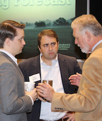 The 2017 Georgia Ag Forecast event in Macon was held at the Georgia Farm Bureau Building. CAES ag economist Don Shurley is shown (r) with Hunter Loggins of the Georgia Agribusiness Council and Tas Smith of the Georgia Farm Bureau.