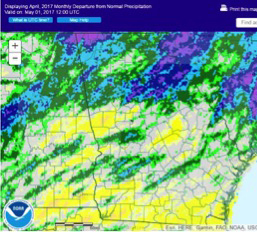 Rainfall in Georgia during April was highly varied. Some southern parts of the state received 2-3 inches less rain than normal, while parts of north Georgia received as many as 4 inches above normal.