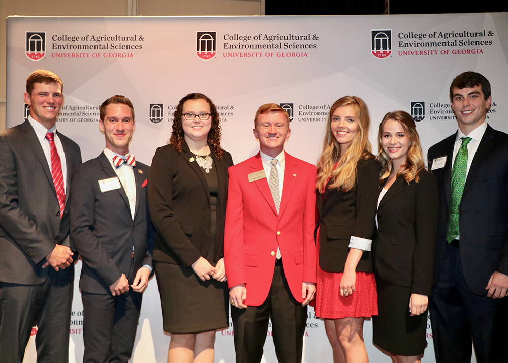 UGA College of Agricultural and Environmental Sciences Congressional Agricultural Fellows, from left, Taylor Teague, Zane Tackett, Ashley Smith, Andy Paul, Hayley Nielsen, Makinizi Hoover and Jim Henderson will spend 12 weeks this summer working with Georgia congressmen and senators in Washington, D.C.