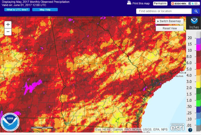 Much of Georgia received 1 to 6 inches more rain than usual during this rainy May.
