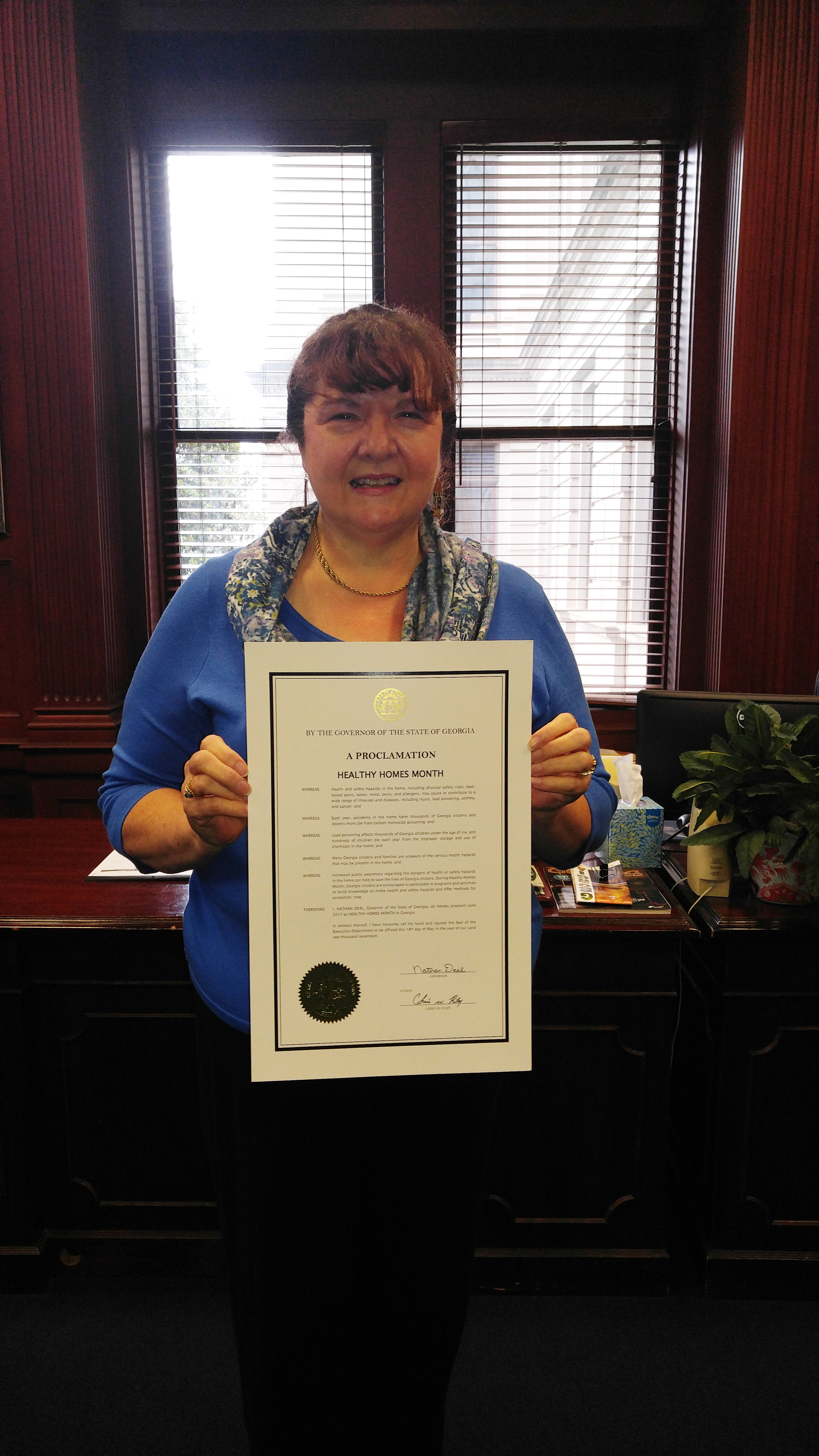 Pamela Turner, UGA Extension housing specialist, serves on the boards of the Georgia Healthy Home Coalition and the Rural Georgia Healthy Housing Advisory Board, both of which worked with Gov. Nathan Deal to proclaim June Healthy Homes Month.