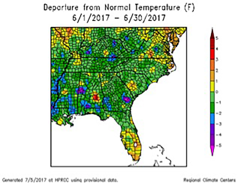 Across most of Georgia, temperatures were between 1 and 2 degrees cooler than normal during June 2017.
