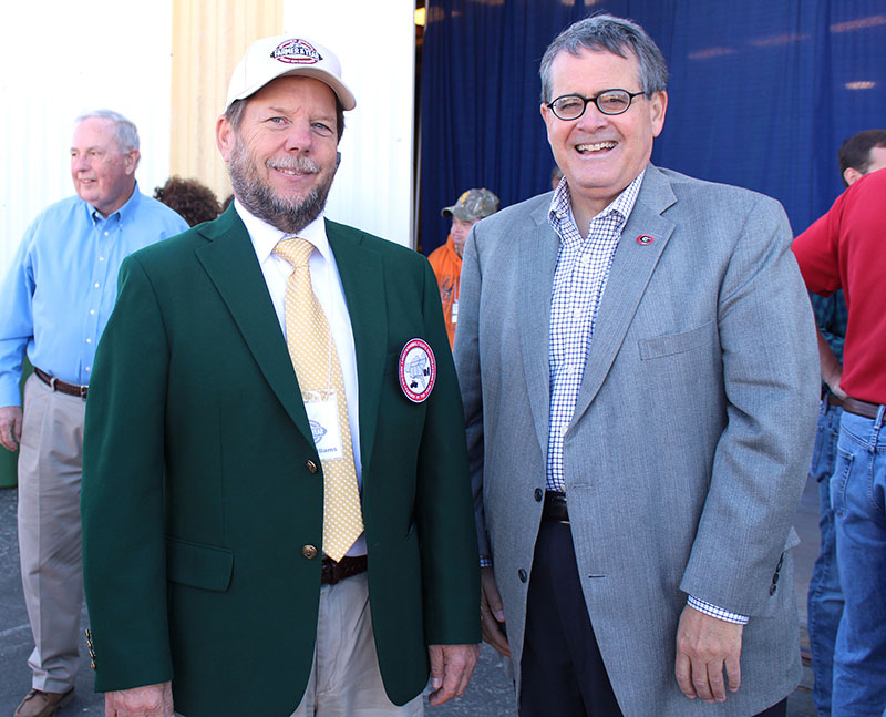 University of Georgia President Jere W. Morehead (right) and 2017 Georgia Swisher Sweets/Sunbelt Expo Farmer of the Year Everett Williams (left) are pictured at the 40th annual Sunbelt Agricultural Expo in Moultrie, Georgia, on Tuesday, Oct. 17.