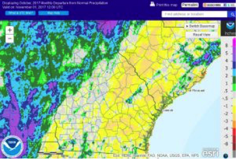 October 2017 was marked by rains brought by Hurricane Nate at the beginning of the month and drier conditions as the month continued.