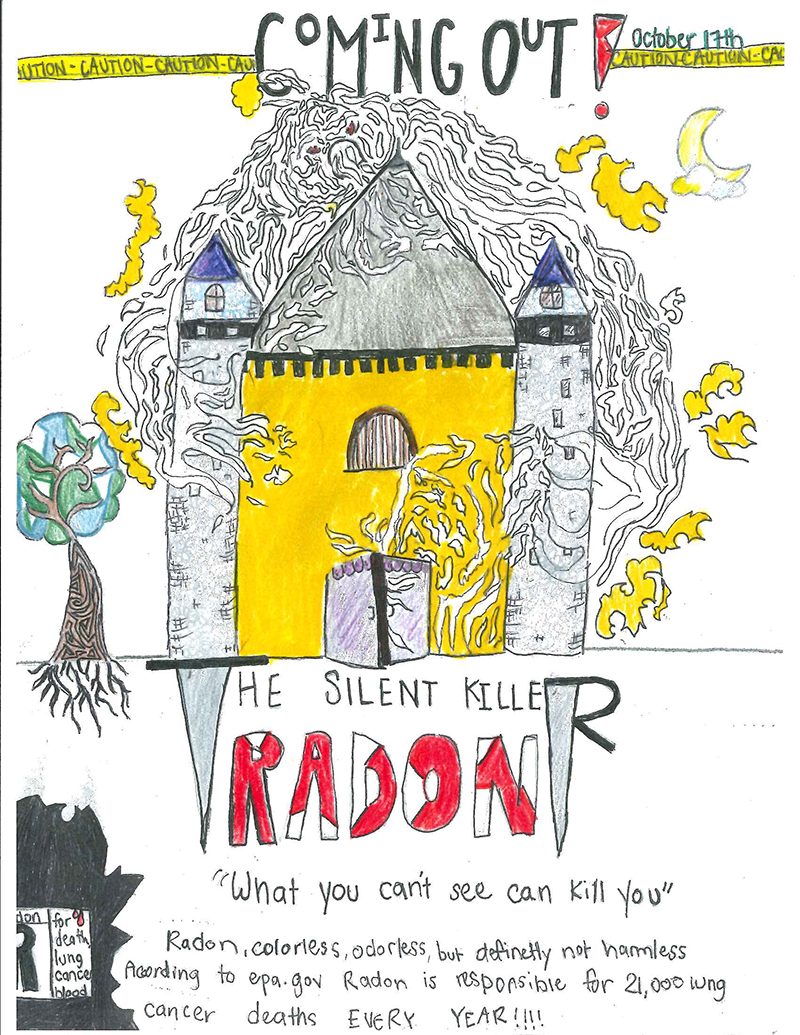 Charlotte Moser, a seventh-grader from Clarke Middle School in Athens, Georgia, won first place for her horror movie-inspired poster of a radon cloud enveloping a castle in the 2017 poster contest held by University of Georgia Cooperative Extension's Radon Education Program.