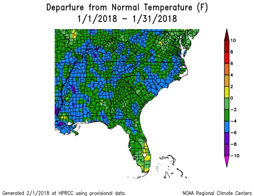 During January 2018, temperatures across Georgia were below normal.