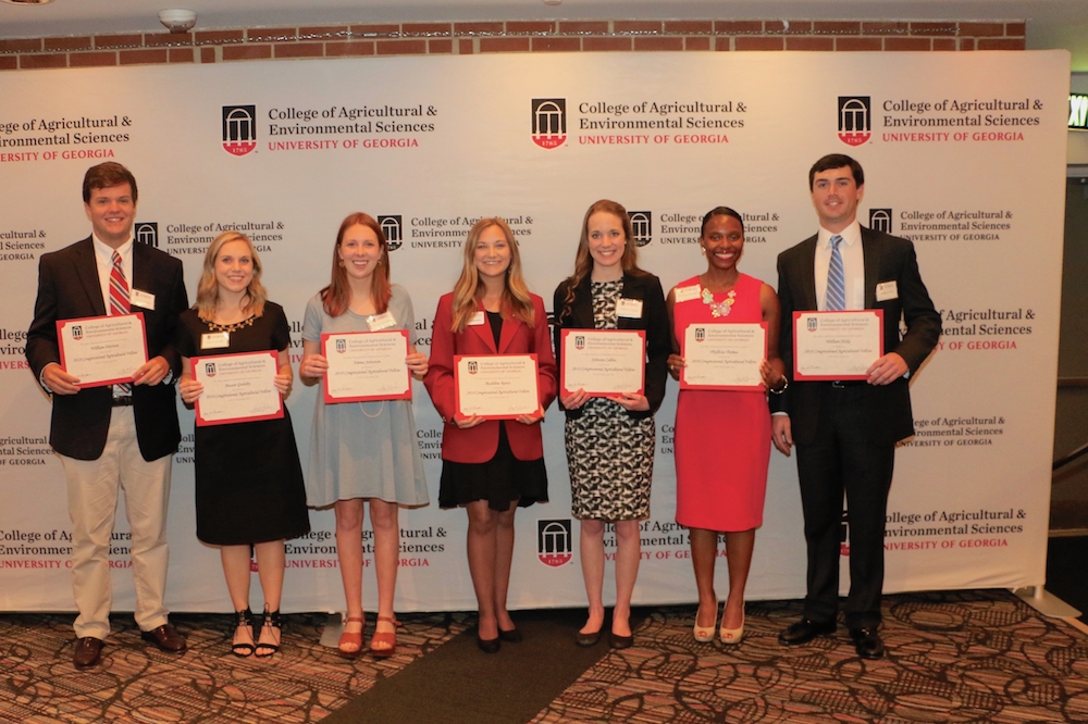 University of Georgia College of Agricultural and Environmental Sciences students, from left, William Davison, Mason Goolsby, Emma Johnston, Madeline Rentz, Johnson Collins, Phyllicia Thomas and William Hicks will spend 12 weeks this summer working in Washington, D.C., as part of the CAES Congressional Agricultural Fellowship program.