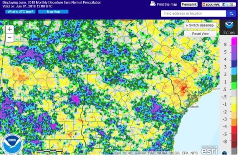 Thunderstorms scattered across the state in June left some parts of Georgia with more than 7 inches more rain than normal, while other parts of the state saw below-normal rainfall.