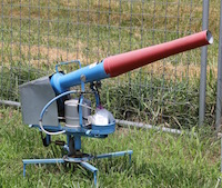 The blueberry research fields on the University of Georgia Griffin campus are equipped with an automatically firing carbide air cannon to help keep the birds away from the berries. The cannon produces a thunderclap-like sound to deter birds and other wildlife and is among the tactics used at airports to scare birds away from aircraft.
