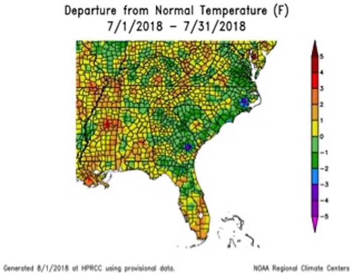 Temperatures across Georgia returned to normal in July; monthly average temperatures were within one degree of normal across the state.