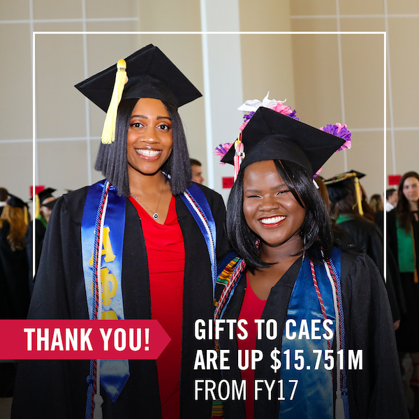 Gifts have a huge impact on CAES students. They fund CAES for Georgia Commitment Scholarships, need-based scholarships that are matched dollar-for-dollar by the UGA Foundation. These funds help to cover students' costs that may not be covered by other scholarships or grants, thereby removing students' financial barriers.