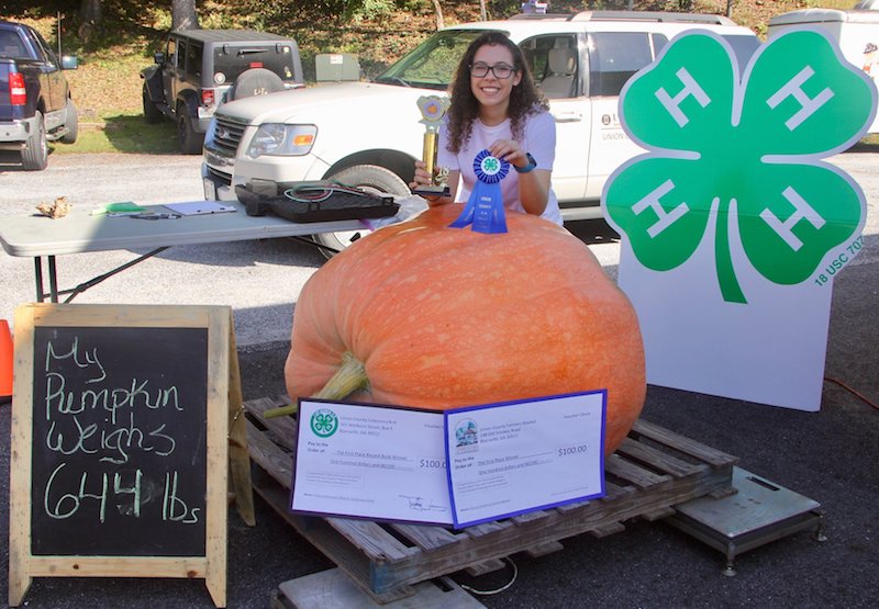 Jessie Holbrook of Union County, who submitted a pumpkin weighing 644 pounds, took first place in the Georgia 4-H pumpkin-growing contest this year. 