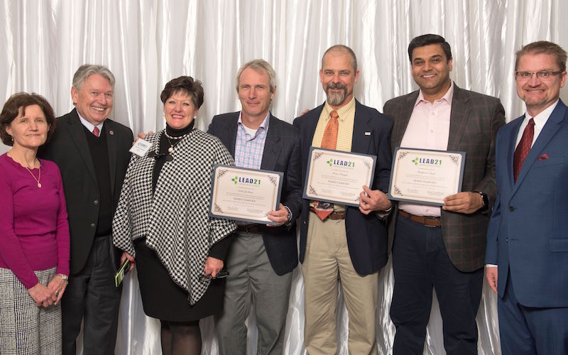 University of Georgia Professors Scott Jackson, Dean Pringle and Manpreet Singh, recently graduated from LEAD21, a leadership-development program designed for land-grant university professionals. Pictured left to right at the graduation ceremony in Alexandria, Virginia, are Susan Sumner, board chair of LEAD21, Joe Broder, coordinator of LEAD21 faculty activities at UGA, Laura Perry Johnson, UGA associate dean of Extension, Jackson, Pringle, Singh and Brian Kowalkowski, LEAD21 program chair.