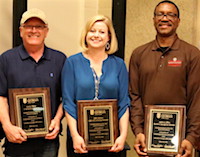 Anthony Flint, Julie Peters and Gary Ware were honored as the UGA Griffin campus 2019 Classified Employees of the Year during the annual Classified Employee Recognition Ceremony held March 26. Pictured (from left) during the awards ceremony are Lew Hunnicutt, assistant provost and director at UGA-Griffin, Ware, Peters, Flint and Sam Pardue, dean and director of the UGA College of Agricultural and Environmental Sciences.
