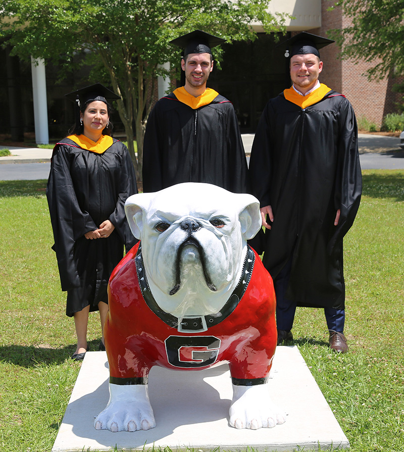 Samuele Lamon and Aaron Bruce were the two most recent graduates of the dual master’s degree program between UGA and the University of Padova. They are pictured with Gurpreet Virk at the UGA-Tifton spring graduation ceremony on May 4, 2019.