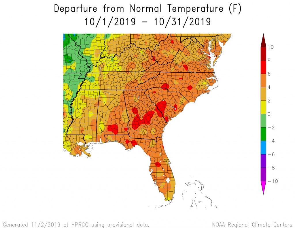 Temperatures ranged from 3 to 7 degrees above normal across Georgia during October 2019. Despite the heat, above-average rainfall helped ease drought conditions across the state.