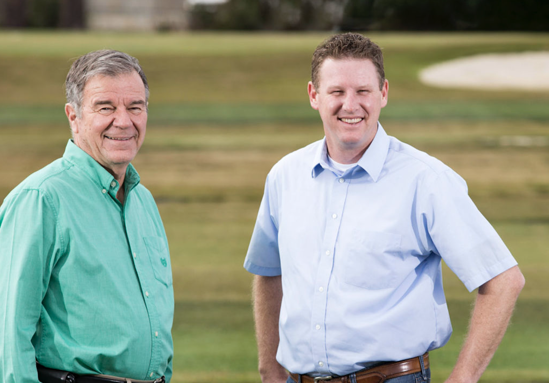 Wayne Hanna, left, and Brian Schwartz in a turfgrass research field at UGA-Tifton. (UGA photo taken by Dorothy Kozlowski/UGA in 2017)