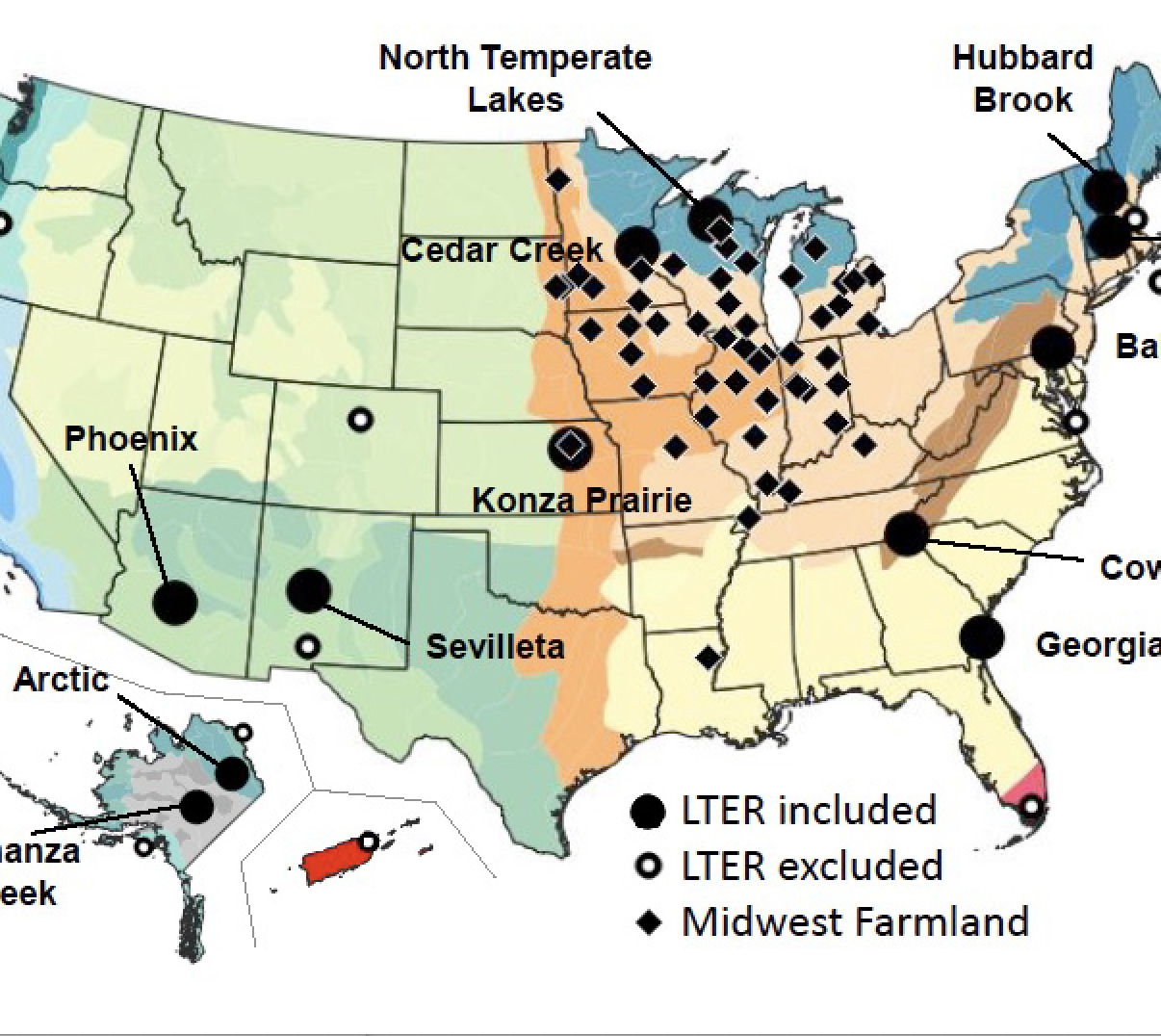 Filled black circles represent LTER sites with arthropod data that were included in the study. Colors on the underlying map delineate ecoregions as defined by the USDA Forest Service.