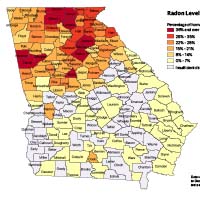 Radon levels in Georgia counties based on data from tests from four radon labs from January 1990 through December 2019. Counties with fewer than 15 radon tests are not included.