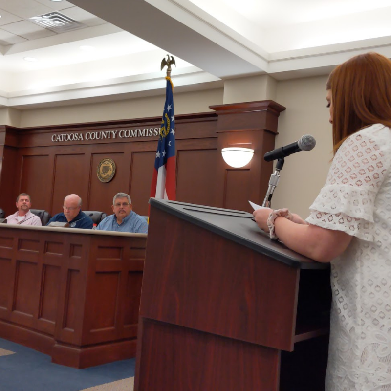 Emily Momberg speaking about the digital divide at a commission meeting in Catoosa County. (file photo)