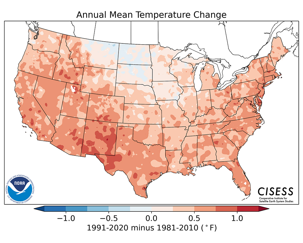 Most of the U.S. was warmer, and the eastern two-thirds of the contiguous U.S. was wetter, from 1991–2020 than the previous normals period, 1981–2010. With 20 years of overlap between the current normals and the previous iteration (1991–2010), annual changes between these two data sets were somewhat muted compared to trends over the same period. Monthly and seasonal changes are more dynamic. For example, the current normals for the northern-central U.S. are cooler in the spring, while much of the Southeast is now warmer in October, cooler in November and warmer again in December. Atmospheric circulation dynamics and surface feedbacks result in substantial differences from month to month and region to region.