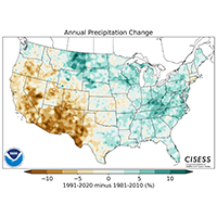 Most of the U.S. was warmer and the eastern two-thirds of the contiguous U.S. was wetter from 1991–2020 than the previous normals period, 1981–2010. The Southwest was considerably drier on an annual basis, while the central-northern U.S. has cooled somewhat.