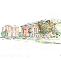 A rough sketch of the proposed design of the new Poultry Science Building to be built on UGA's South Campus where there is currently a parking lot between Boyd and Conner Halls.
