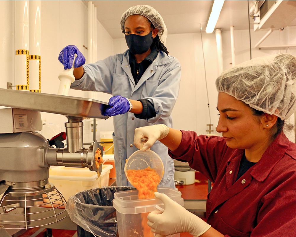 Taija Stoner-Harris (left), a master's degree student in the Department of Food Science and Technology, helps principal investigator and doctoral candidate Linda Araghi process cantaloupes for a study finding new product uses for Georgia Grown cantaloupe.