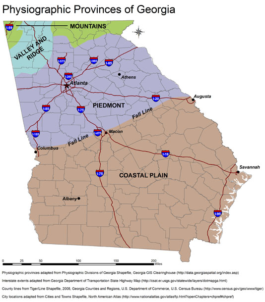 A map of the Georgia Fall Line between the Piedmont and Coastal Plain regions.