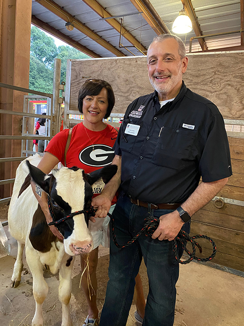 Dean Nick T. Place and his wife, Deb, with a calf at Ag Dawg Kickoff. The dean with the fewest number of gifts will have to wear the other college's spirit gear during the milking contest at Sunbelt Ag Expo later this month.