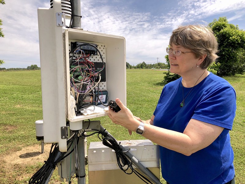 Pam Knox visits a UGA weather station on the Durham Horticulture Farm in Watkinsville, Georgia.