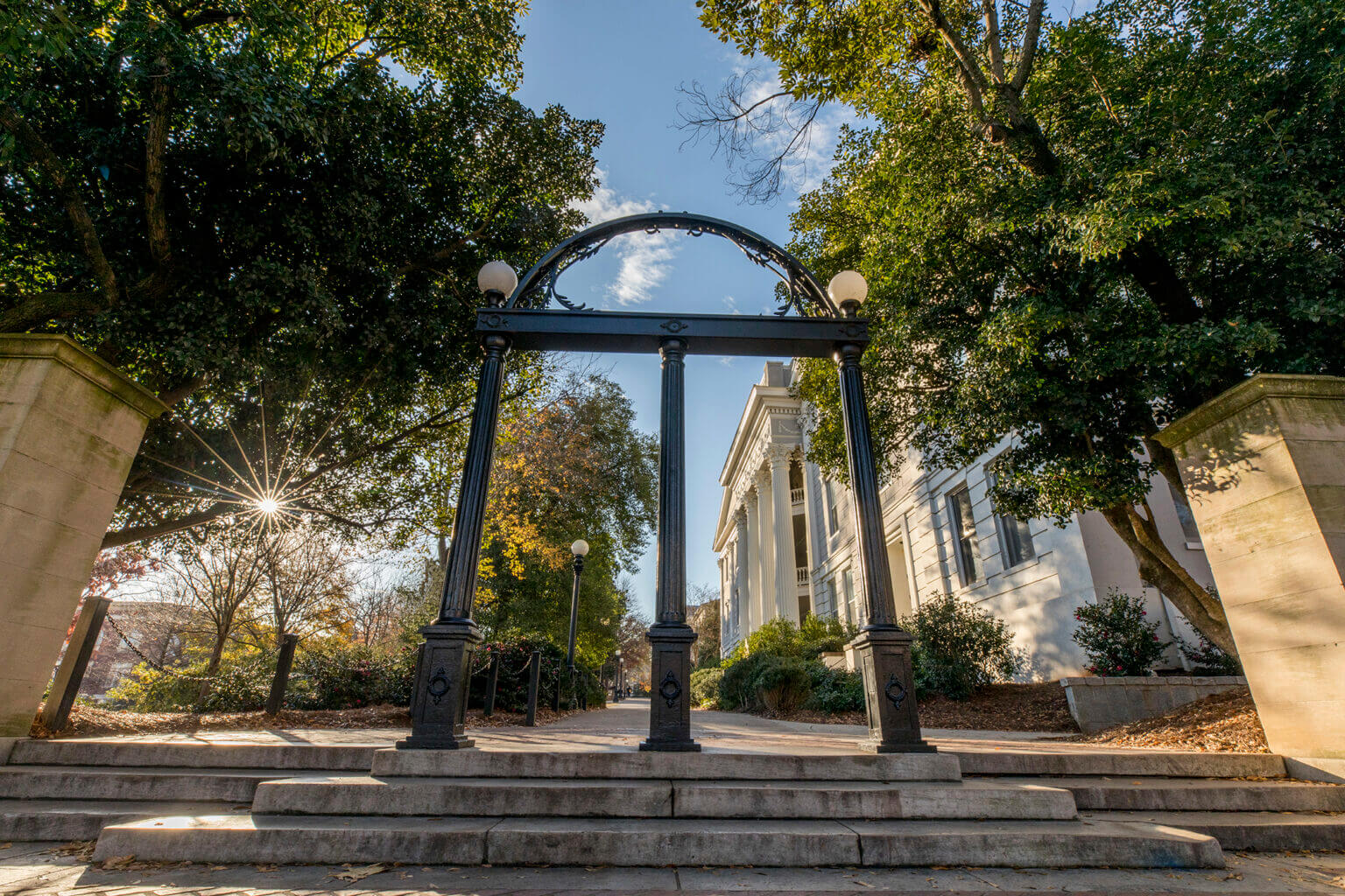 The UGA Arch, looking up from Broad Street in downtown Athens, Georgia.