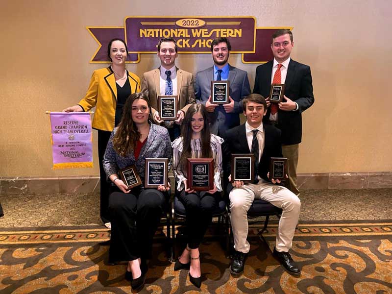 Members of the UGA Meat Judging Team display their awards at the National Western Stock Show in Denver, Colorado including (back row, left to right) Coach Anna Scott, Levi Martin, Preston Nave and Clint Lee and (front row, left to right) Marin Lonee, Anna Unger and Cason Galloway.