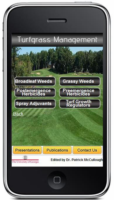 Screen shot of Turfgrass Management iPhone application. Developed by Patrick McCullough July 2009.