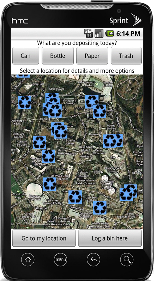 The map function of the WeRecycle app allows users to locate nearby recycling bins using Google maps.
