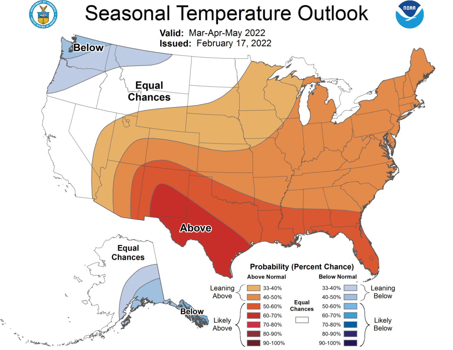 On Feb. 17, NOAA's Climate Prediction Center released its latest three-month climate outlook, which includes the seasonal temperature forecast for the U.S. The map above represents the probability that temperatures will be above or below normal by location.