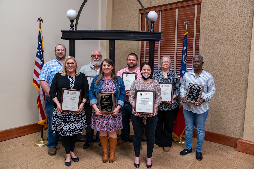 From left, the 2022 UGA-Griffin Classified Employee Award nominees include Clay Bennett of the Department of Crop and Soil Sciences, Melissa Slaughter of the Center for Food Safety, Darrin Buice of Field Research Services, Ashley Biles of the Assistant Provost and Campus Director’s Office, Brett Byous of the Department of Entomology, Kimberly Allen of the Center for Urban Agriculture, Donna Kent of the Plant Genetics Resources Conservation Unit and Ree Rosser of the Facilities Management Division.