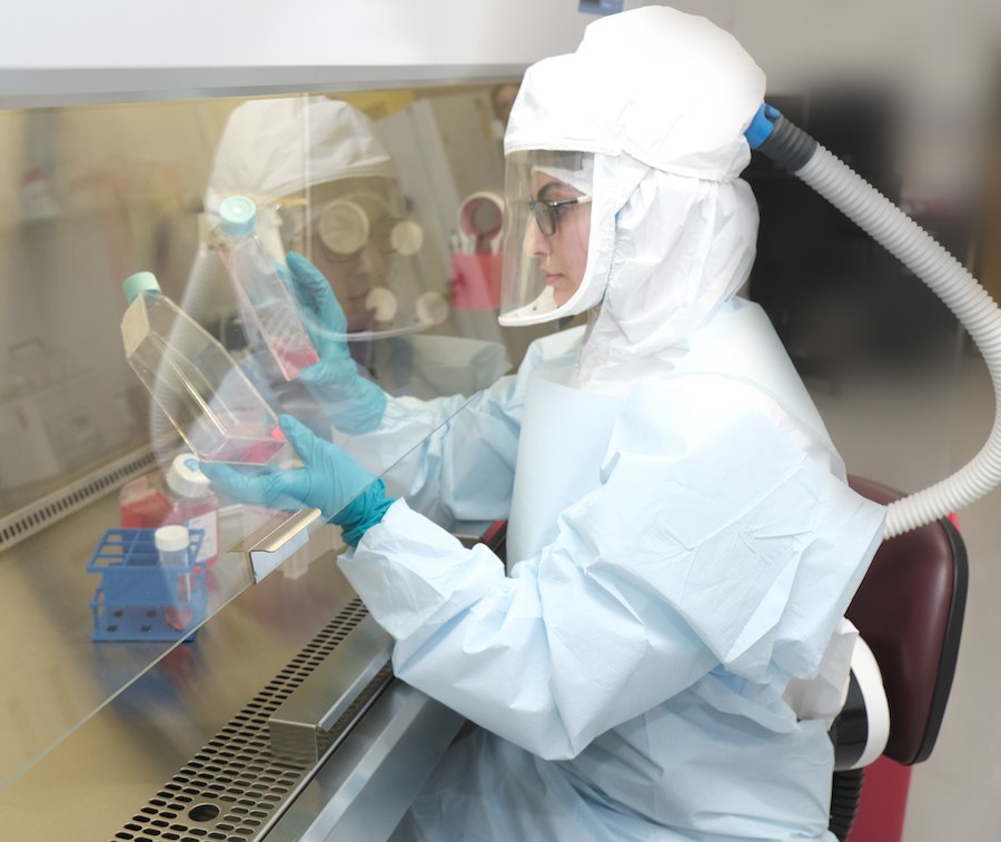 UGA virologist Malak Esseili wears personal protective equipment to work in her COVID lab on UGA's Griffin campus.