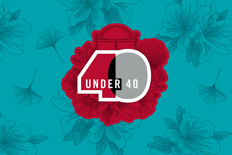UGA Alumni Association 40 Under 40 logo on turquoise background with botanical drawings