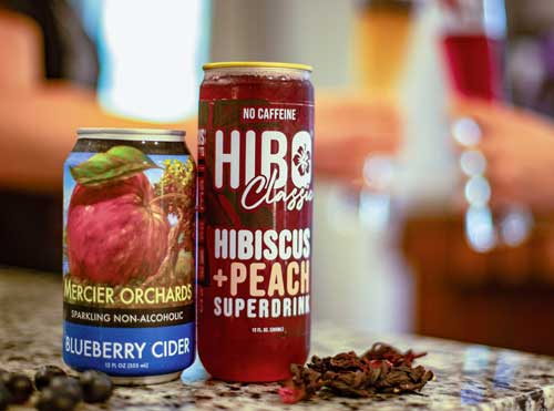Blueberry Cider from Byne Blueberry Farm and HIBO Classic Hibiscus Superdrink + Peach from HIBO.