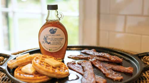 Spiced Apple Cider Hickory Syrup from Sutton Mill Creek Syrup and Pastured Pork Bacon from White Oak Pastures.