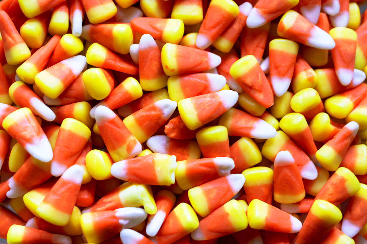A close-up of a pile of candy corn