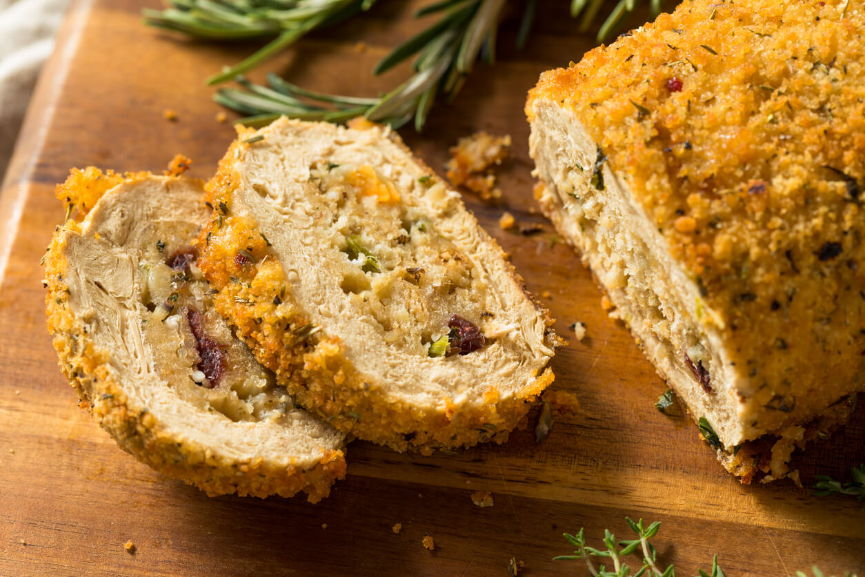 Vegan tofu turkey served for a holiday dinner