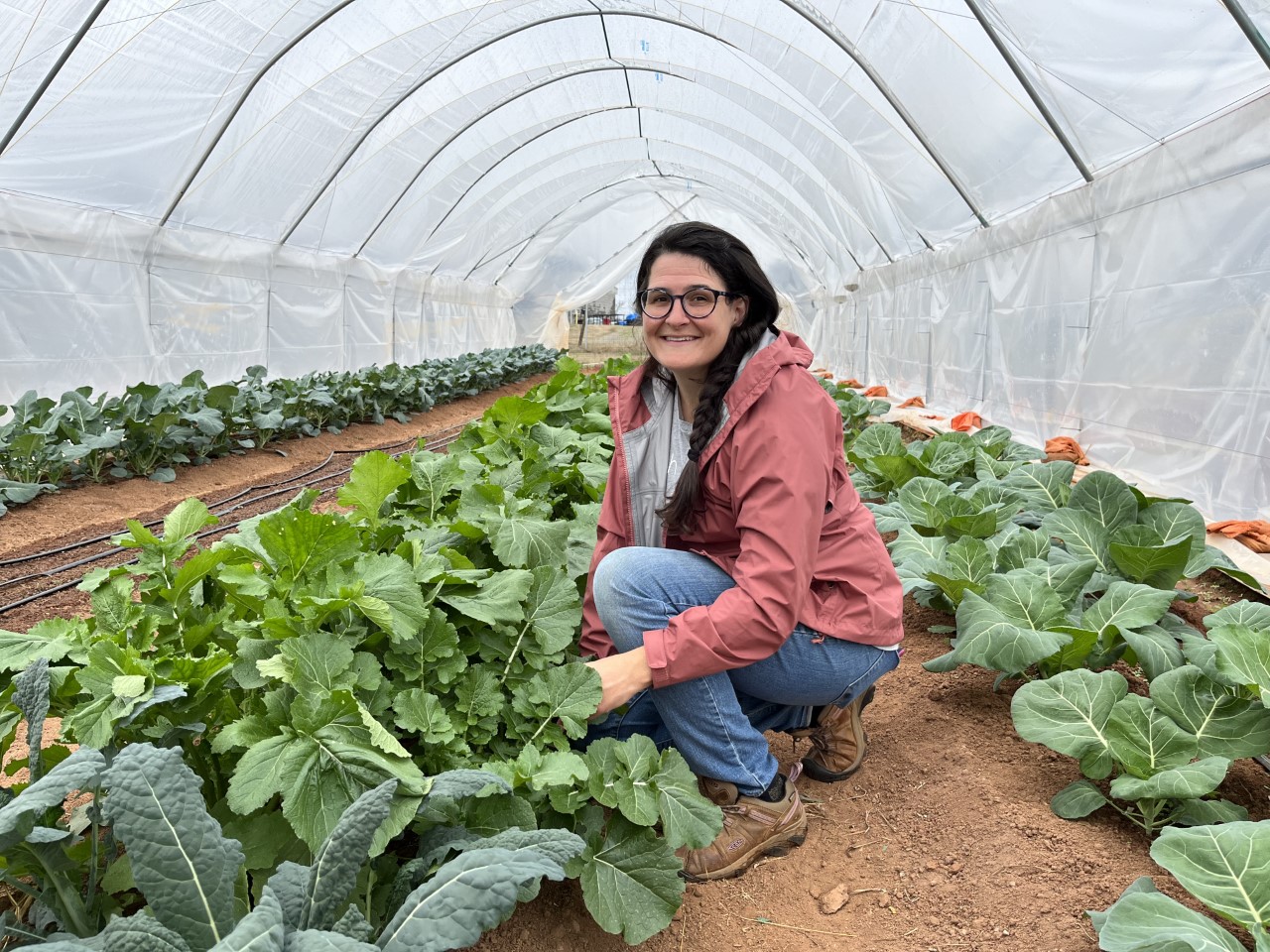 Assistant horticulture professor Kate Cassity-Duffey works among vegetable rows in the field