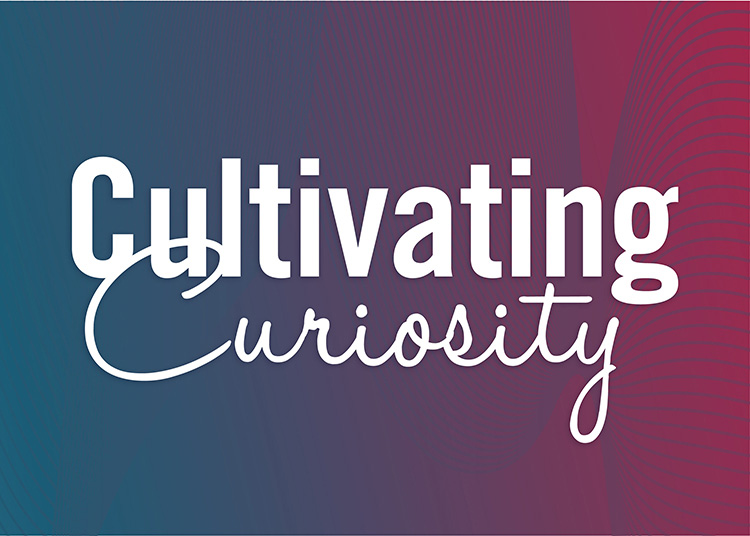 Logo with red and blue background and the words cultivating curiosity in white text