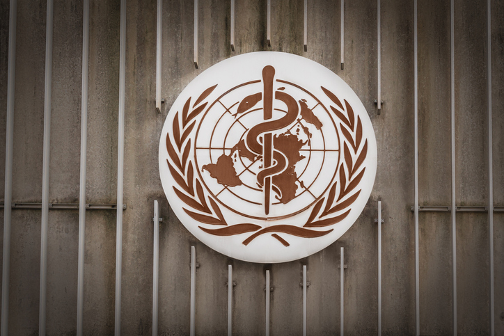 World Health Organization (WHO/OMS) Logo at WHO Headquarters in Geneva, Switzerland.